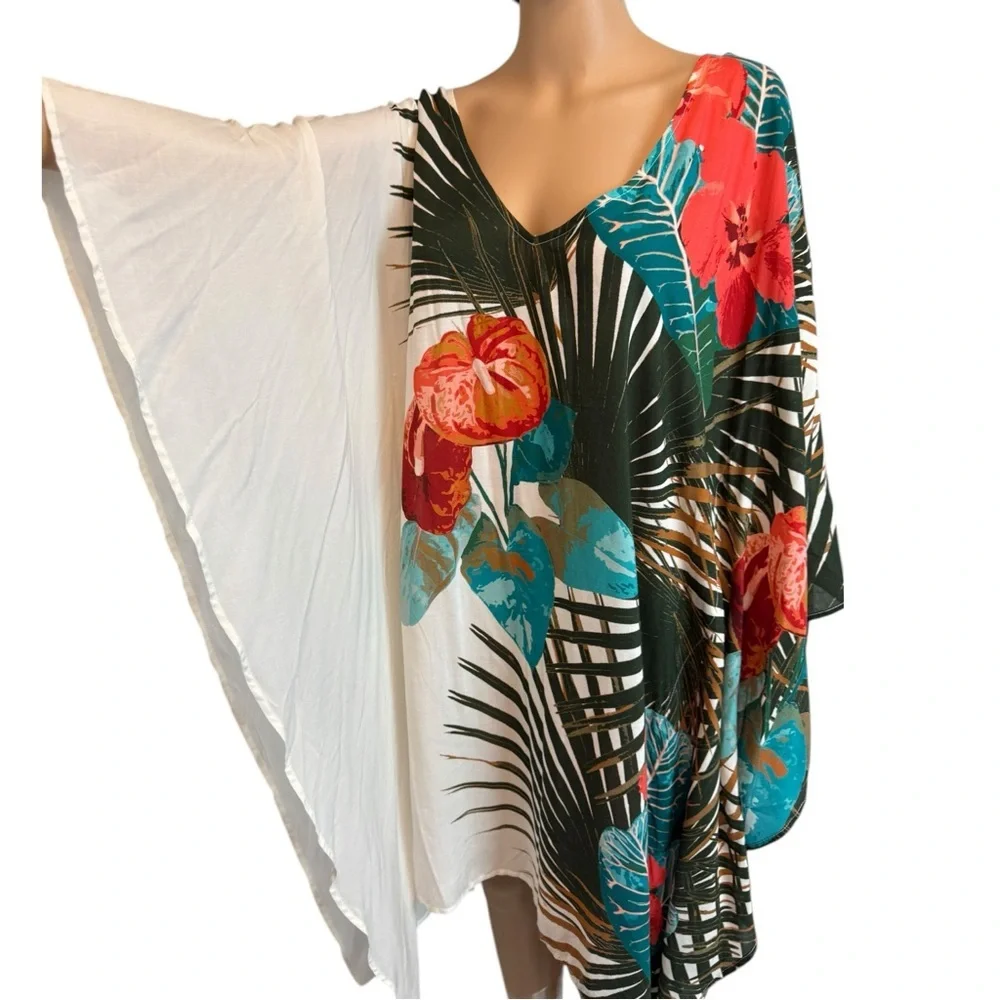 Vince Camuto V-Neck Caftan Cover Up Palm Paradise NWT M/L